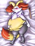  2016 absurd_res bed belly blush braixen_(pokemon) canine female fox fur hi_res inflation inviting mammal nintendo nude outie paws pinup pok&eacute;mon pose pussy red_eyes red_fur red_nose rivus stick video_games white_fur yellow_fur 