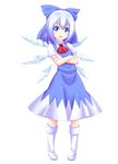  :d blue_eyes blue_hair blush boots bow cirno crossed_arms full_body hair_bow highres ice ice_wings open_mouth reimei_(r758120518) smile solo tachi-e touhou transparent_background white_footwear wings 