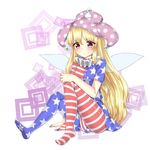  american_flag_dress american_flag_legwear bad_id bad_pixiv_id bangs blonde_hair blush cheunes clownpiece fairy_wings frilled_shirt_collar frills hat highres jester_cap knees_up long_hair looking_at_viewer neck_ruff no_shoes pantyhose pink_hair polka_dot shirt sidelocks simple_background sitting smile solo star striped touhou very_long_hair white_background wings 