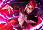  absurdres choker cropped_jacket fire food_fighter_441 grin hair_over_one_eye highres jacket male_focus pants purple_fire red_eyes red_hair red_pants shirt smile solo the_king_of_fighters yagami_iori 