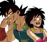  1boy 1girl :d ^_^ armor bardock black_eyes black_hair clenched_hand close-up closed_eyes couple dragon_ball eyes_closed gine hand_on_own_cheek hetero light_smile looking_away open_mouth scar short_hair simple_background smile spiked_hair tako_jirou upper_body upper_teeth white_background wristband 