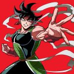  1boy armor bandanna bardock black_eyes black_hair clenched_teeth domo_ura dragon_ball frown looking_away male_focus outstretched_hand red_background scar serious shaded_face short_hair simple_background smoke spiked_hair tail teeth upper_body wristband 
