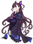  1girl breasts brown_hair corset cropped_torso curly_hair fate/grand_order fate_(series) hands_together large_breasts long_hair looking_at_viewer michihasu murasaki_shikibu_(fate) purple_eyes sleeves_past_wrists white_background 