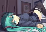  alternate_costume aqua_eyes aqua_hair bedroom black_legwear blazer blue_jacket book breasts closed_mouth closet door eyebrows eyebrows_visible_through_hair from_above hair_ornament hatsune_miku highres indoors jacket large_breasts long_hair long_sleeves looking_at_viewer lying miniskirt on_back on_bed open_book pleated_skirt school_uniform shade skirt smile solo srwsrx_(gp03dsrx) thighhighs twintails vocaloid wall 