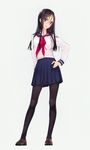  black_hair blue_eyes breasts full_body hair_between_eyes hand_on_hip highres loafers long_hair looking_at_viewer murakami_suigun original pantyhose parted_lips pleated_skirt revision school_uniform shoes skirt small_breasts smile solo standing 