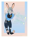  2016 ameredouceur anthro big_eyes buckteeth clothed clothing cute digital_media_(artwork) disney female fur grey_fur hair hi_res judy_hopps lagomorph long_ears looking_at_viewer mammal open_mouth police_uniform purple_eyes rabbit simple_background smile solo teeth thick_thighs uniform voluptuous wide_hips zootopia 