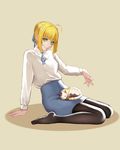  absurdres ahoge animal animal_on_lap arm_support artoria_pendragon_(all) bad_id bad_pixiv_id bangs beige_background black_legwear blonde_hair blue_ribbon blue_skirt braid calico cat cat_on_lap closed_mouth collared_shirt eyebrows eyebrows_visible_through_hair fate/stay_night fate_(series) full_body green_eyes hair_bun hair_ribbon high-waist_skirt highres leaning_back long_sleeves looking_at_viewer neck_ribbon no_shoes outstretched_arm pantyhose pencil_skirt revision ribbon saber shirt sidelocks sitting skirt sleeping smile solo wariza white_shirt zhano_kun 