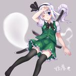  bangs black_legwear blue_eyes blunt_bangs bow hair_bow hand_on_forehead konpaku_youmu konpaku_youmu_(ghost) monrooru one_eye_closed puffy_short_sleeves puffy_sleeves sheath sheathed short_sleeves silver_hair solo thighhighs touhou 