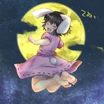  animal_ears barefoot black_hair bunny_ears bunny_tail closed_eyes cloud dress feet full_moon inaba_tewi jumping monrooru moon open_mouth pink_dress puffy_short_sleeves puffy_sleeves short_sleeves smile solo tail touhou 