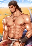  1boy abs bara body_hair brown_hair erection final_fantasy final_fantasy_xv gladiolus_amicitia male_focus muscle outdoors pecs penis scar solo tagme testicles undressing vehicle 