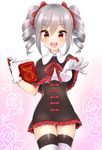  :d bad_id bad_pixiv_id blush book capelet drill_hair gloves idolmaster idolmaster_cinderella_girls kanzaki_ranko looking_at_viewer mio_(mgr300) open_mouth red_eyes ribbon short_hair silver_hair smile solo thighhighs twin_drills twintails white_gloves zettai_ryouiki 