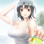  arm_up bare_shoulders black_hair breasts can cleavage hitotose_(spiralray) kantai_collection large_breasts looking_at_viewer open_mouth red_eyes shirt short_hair solo sweat takao_(kantai_collection) towel wet wet_clothes wet_shirt wiping_sweat 