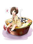  :3 :d animal_ears bad_id bad_pixiv_id blush_stickers brown_hair cat_ears cat_tail dress eighth_note fang food green_eyes idolmaster idolmaster_cinderella_girls maekawa_miku minigirl mio_(mgr300) musical_note open_mouth short_hair sitting sitting_on_object smile solo spoken_musical_note tail v_arms 