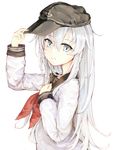  anchor_symbol blue_eyes flat_cap from_side hand_on_headwear hand_on_own_chest hat hibiki_(kantai_collection) highres kantai_collection light_smile long_hair long_sleeves looking_at_viewer looking_to_the_side neckerchief school_uniform serafuku silver_hair simple_background solo somalisu upper_body white_background 