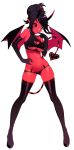  blush breasts cleavage_cutout commission demon_girl elbow_gloves finger_to_mouth gloves hair_up halphelt hand_on_hip heart heart_cutout heterochromia highres horns large_breasts o-ring o-ring_bottom original pointy_ears red_skin succubus tail thighhighs underboob_cutout wings 