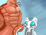  2016 absurd_res alternate_version_available amphibian anthro arthropod biceps big_eyes blue_background censored claws clenched_teeth colored crustacean cyan_eyes digital_media_(artwork) duo fan_character fish fizzlesticks grey_skin head_tentacles hi_res larry_the_lobster league_of_legends male male/male mammal marine muscular muscular_male nickelodeon nude red_body reluctant scarefish shaded shiny shrimp simple_background size_difference slim smile smirk spongebob_squarepants standing teeth unknown_species video_games 