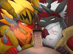  &lt;3 blush censored circumcised collaborative_fellatio cum cum_from_mouth cum_in_mouth cum_inside dragon dripping drum_(buddyfight) drum_bunker_dragon duo_focus erection fellatio fifth_omni_cavalry_dragon_magical_blade_mizaru first_person_view future_card_buddyfight group group_sex headgear humanoid_penis ineffective_censorship licking looking_away male male/male oral pecs penis penis_lick precum ragujuka sex signature sweat sweatdrop threesome tongue tongue_out 