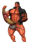  1boy abs bara body_hair brown_hair condom erection final_fantasy final_fantasy_xv gladiolus_amicitia huge_penis male_focus muscle pecs penis red_eyes scar solo tattoo testicles undressing yuatari 