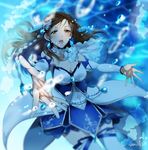  blurry braid breasts brown_eyes brown_hair cleavage depth_of_field detached_sleeves dress gen_(enji) idolmaster idolmaster_cinderella_girls idolmaster_cinderella_girls_starlight_stage long_hair medium_breasts nitta_minami open_mouth outstretched_arms solo thighhighs twin_braids underwater 