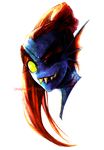  1girl artist_name blue_skin character_name eyebrows eyepatch eyeshadow g0966 gills head_fins highres makeup monster_girl ponytail portrait red_hair sharp_teeth simple_background slit_pupils smirk solo tagme teeth thick_eyebrows undertale undyne white_background yellow_sclera 