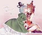  blue_hair brown_hair cheek_kiss closed_eyes couple dress english ghost_tail gift green_dress happy_birthday hat headphones indian_style kiss multiple_girls orz_(kagewaka) party_hat pointy_hair short_hair sitting smile soga_no_tojiko tate_eboshi touhou toyosatomimi_no_miko yuri 