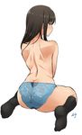  ass back blush brown_hair green_eyes idolmaster idolmaster_cinderella_girls kneehighs long_hair looking_back panties shibuya_rin shift_(waage) simple_background solo topless underwear 