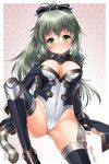  black_gloves blush breasts cat_tail cleavage cleavage_cutout coat fingerless_gloves garter_straps gloves green_eyes highleg highleg_leotard kei_kei leotard long_hair long_sleeves looking_at_viewer medium_breasts open_clothes open_coat partially_visible_vulva phantasy_star phantasy_star_online_2 ponytail silver_hair sitting solo spread_legs tail thighhighs thighs 