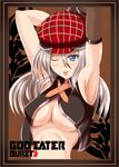  alisa_ilinichina_amiella armpits arms_up bare_shoulders blue_eyes breasts elbow_gloves fingerless_gloves gloves god_eater hat highres long_hair looking_at_viewer no_bra silver_hair skirt solo suspender_skirt suspenders 