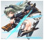  ass assault_rifle black_gloves breasts cat_tail cleavage cleavage_cutout coat energy_sword fingerless_gloves full_body garter_straps gloves green_eyes gun highleg highleg_leotard kei_kei large_breasts leotard long_hair long_sleeves looking_at_viewer open_clothes open_coat phantasy_star phantasy_star_online_2 ponytail rifle silver_hair solo sword tail thighhighs thighs thong_leotard weapon 