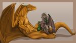  2016 anal anal_penetration animal_genitalia anthro anthro_on_feral anus bestiality black_eyes brown_body brown_border brown_scales brown_skin claws cowgirl_position digital_media_(artwork) dragon duo erection feral frottage genital_slit gold_body gold_skin green_anus green_eyes green_penis green_sclera green_skin grey_background horn knot kobold looking_down lying male male/male male_on_feral membranous_wings nude on_back on_top penetration penis penis_grab scales scalie scar sex shaded side_view simple_background size_difference size_play slit slit_pupils smile spikes tail_sex tochka vein veiny_penis wings yellow_sclera 