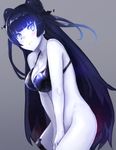  black_bra black_hair blue_eyes blush bottomless bra breasts cleavage double_bun glowing glowing_eyes kantai_collection large_breasts light_cruiser_oni long_hair looking_at_viewer shinkaisei-kan simple_background solo underwear weasel_(close-to-the-edge) white_skin 