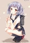  backpack bad_id bad_pixiv_id bag blush commentary_request dress hair_ribbon kantai_collection long_sleeves ooshio_(kantai_collection) open_mouth pinafore_dress red_eyes remodel_(kantai_collection) ribbon shirt silver_hair solo sousouman squatting torn_clothes torn_dress torn_shirt torn_sleeves twintails 