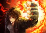  absurdres brown_eyes brown_hair clenched_hand fingerless_gloves fire food_fighter_441 gloves highres jacket kusanagi_kyou male_focus open_mouth pyrokinesis shirt solo t-shirt the_king_of_fighters the_king_of_fighters_xiii 
