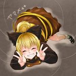  ^_^ blonde_hair bow closed_eyes double_v grin hair_bow kurodani_yamame monrooru ponytail smile solo teeth thread touhou v 