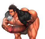  1boy abs bara body_hair brown_hair condom erection final_fantasy final_fantasy_xv gladiolus_amicitia huge_penis looking_at_viewer male_focus muscle naughty_face pecs penis red_eyes scar solo tattoo testicles undressing yaoi yuatari 