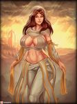  1girl breasts brown_eyes brown_hair cleavage cleavage_cutout curvy dark_souls large_breasts long_hair looking_at_viewer midriff navel queen_of_sunlight_gwynevere solo souls_(from_software) standing stomach vempire wide_hips 
