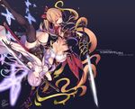  arm_up armor ass back bangs belt black_background black_dress black_gloves black_legwear blonde_hair boots bow braid breasts brown_footwear bug butt_crack butterfly character_name closed_mouth copyright_name demon_horns draph dress fukai_ryousuke gloves gradient granblue_fantasy hair_between_eyes hair_bow hair_ornament hair_over_one_eye high_heel_boots high_heels holding holding_sword holding_weapon horns insect large_breasts lavender_hair long_hair looking_at_viewer multiple_girls narmaya_(granblue_fantasy) outstretched_arm panties pauldrons pointy_ears ponytail red_bow red_eyes revision short_dress simple_background single_thighhigh smile sword thigh_strap thighhighs underwear unsheathed upside-down vira_lilie weapon white_panties 
