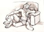  2016 alcohol anthro beer beverage black_and_white bottle boxers_(clothing) canine claws clothed clothing dog food front_view fur kenket looking_away male mammal monochrome open_mouth paws pillow simple_background sitting sketch smile sofa solo topless traditional_media_(artwork) underwear watercolor_(artwork) white_background 