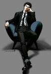  1boy ansatsu_kyoushitsu black_hair changye full_body karasuma_tadaomi looking_at_viewer necktie sitting solo suit 