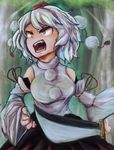  bad_id bad_pixiv_id bare_shoulders commentary_request d: detached_sleeves fangs inubashiri_momiji open_mouth paguningen pom_pom_(clothes) red_eyes short_hair sword tail touhou v-shaped_eyebrows weapon white_hair wolf_tail 