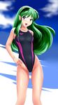  absurdres blue_eyes competition_swimsuit green_hair highres horns long_hair lum nanao_futaba one-piece_swimsuit pointy_ears solo standing swimsuit urusei_yatsura 