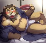  blush brown_hair bulge clothing drunk emufu erection facial_hair feline fundoshi hair japanese_clothing lion lying male mammal panting solo thick_eyebrows underwear 