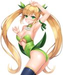  :o arm_ribbon arm_up armpits ass black_legwear blonde_hair blush breasts cleavage cowboy_shot detached_collar green_eyes green_leotard hair_ornament highleg highleg_leotard lambda_(kusowarota) large_breasts leotard long_hair looking_at_viewer open_mouth pointy_ears ribbon sennen_sensou_aigis simple_background solo spica_(sennen_sensou_aigis) thighhighs thighs twintails twisted_torso underboob very_long_hair white_background 