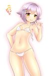  arm_behind_back ass_visible_through_thighs bad_id bad_pixiv_id bikini brown_eyes hair_flaps hair_ornament hairclip idolmaster idolmaster_cinderella_girls index_finger_raised koshimizu_sachiko mio_(mgr300) navel purple_hair short_hair smile solo standing swimsuit untied untied_bikini white_bikini 