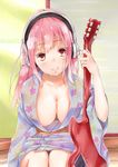  areola guitar headphones nitroplus no_bra open_shirt qzik sonico super_sonico yukata 