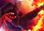  absurdres biker_clothes clenched_hand crop_top cropped_jacket cross dark_skin dark_skinned_male fingerless_gloves fire food_fighter_441 gloves highres jacket jewelry k' kicking male_focus necklace open_mouth pyrokinesis solo the_king_of_fighters white_hair 