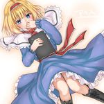  alice_margatroid ascot blonde_hair blue_eyes book boots capelet covering_mouth dress hairband lying monrooru on_back pigeon-toed solo touhou white_capelet 