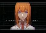  ask_(askzy) bangs black_background closed_mouth collared_shirt copyright_name eyelashes letterboxed long_hair looking_at_viewer makise_kurisu necktie orange_hair portrait purple_eyes red_neckwear shirt solo steins;gate steins;gate_0 text_focus white_shirt 