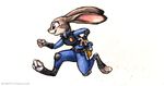  2016 anthro badge belt bulletproof_vest clothing disney female fur grey_body grey_fur gun holster judy_hopps kenket lagomorph long_ears mammal police_officer police_uniform purple_eyes rabbit ranged_weapon running side_view simple_background sketch smile solo traditional_media_(artwork) uniform weapon white_background white_fur white_sclera zootopia 