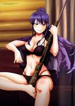  absurdres barefoot black_bra black_panties blue_eyes blue_hair blush body_blush bra breasts cleavage collarbone grisaia_(series) grisaia_no_kajitsu grisaia_no_meikyuu gun highleg highleg_panties highres jacket jacket_on_shoulders kusakabe_asako large_breasts long_hair looking_at_viewer navel official_art panties ponytail scan shiny shiny_hair sitting solo underwear underwear_only weapon weapon_request wooden_wall 